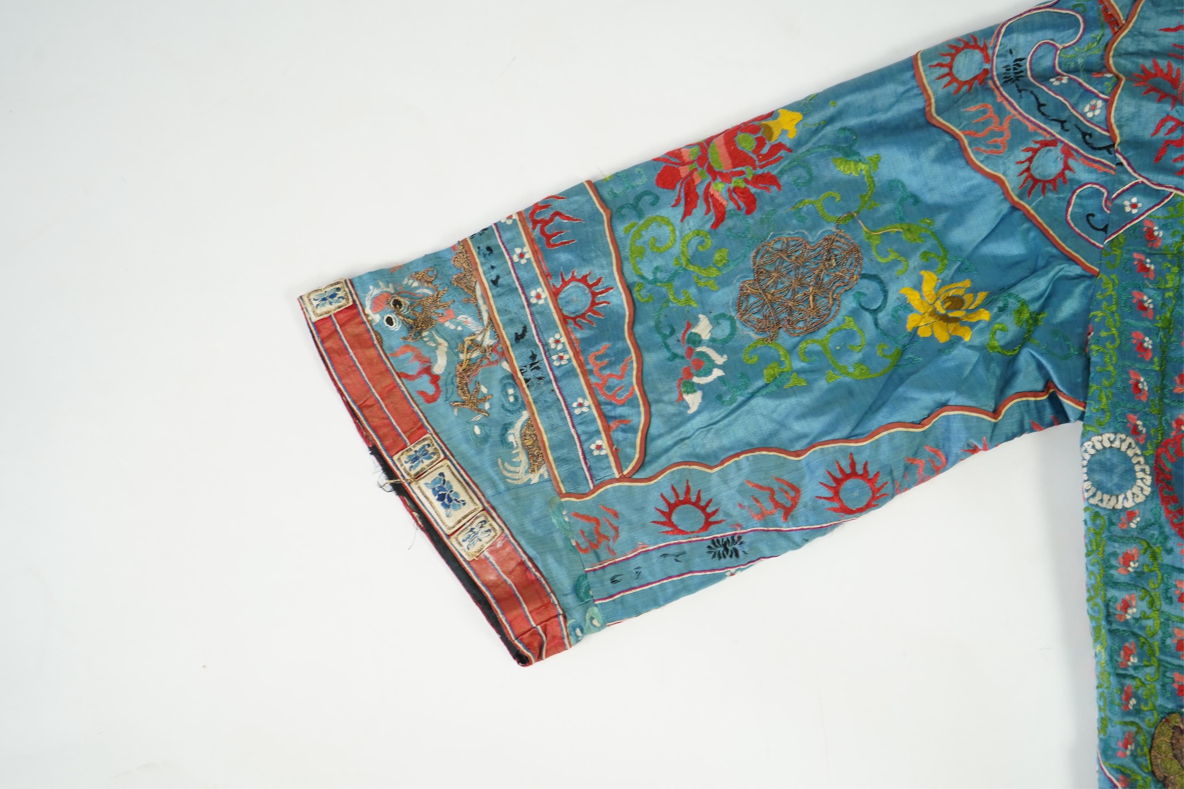 An unusual late 19th early 20th century Chinese silk embroidered robe, made for the tiger role, Jing, who symbolises power, bravery, protection and royalty. A character often used in Chinese opera, theatre and performing